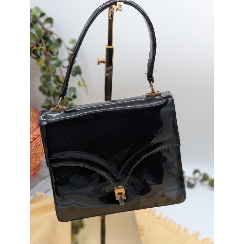 Vintage Black Patent Leather Accordion Bag • Structured Top Handle V-Flap Purse
